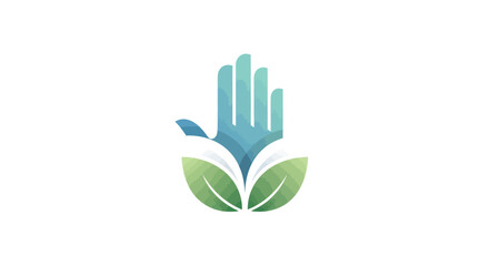 Stylized blue hand growing from vibrant green leaves logo.