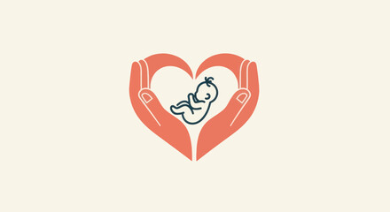Heart shaped hands cradling a baby representing care and protection.