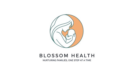 Blossom Health logo design with mother and baby illustration.