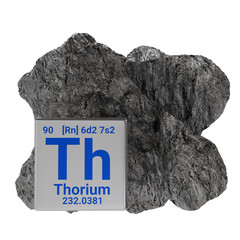 3d render Thorium element symbol with atomic number 90 and atomic weight 232.0381 displayed on a metal plate, placed beside a natural thorium rock mineral, concept of chemistry, nuclear energy © Muhammad