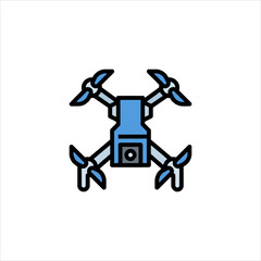 Blue drone hovers in the air during a sunny day, showcasing modern technology and innovation with a minimalist aesthetic.