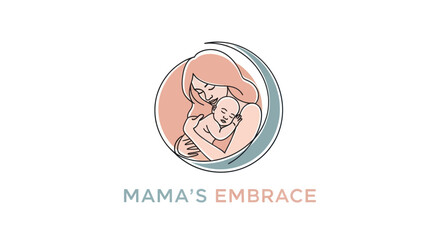 Mamas Embrace Logo Design Featuring Mother Holding Baby Under Crescent Moon.