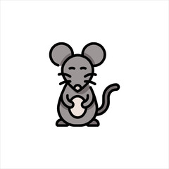 Cute gray mouse holding a piece of cheese stands on white surface, creating a simple and charming animal cartoon for children.