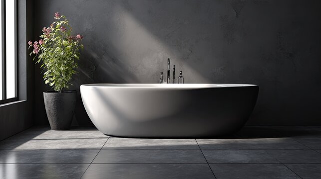 Modern minimalist bathroom with freestanding bathtub and plant.