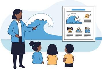 Teacher educating children about tsunami safety and preparedness with visual aids on a transparent background isolated on transparent background