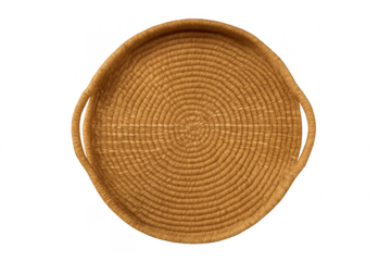 Woven grass serving tray with handles on transparent background