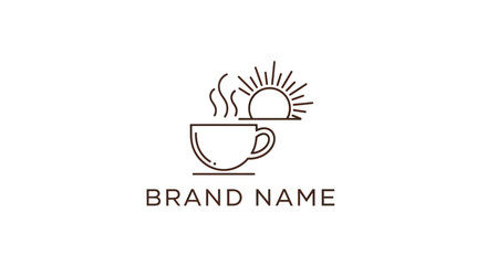 Minimalist Line Art Logo of Steaming Coffee Cup with Rising Sun.