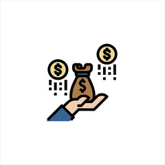 Hand holding money bag with coins representing financial growth and investment opportunities in business sector, symbolizing wealth and prosperity.