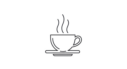 Simple line drawing of a steaming coffee cup on a saucer.