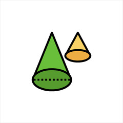 Green and yellow cones stand side by side on a white surface, representing simple geometric shapes in a minimalist and modern style.