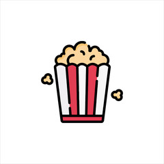 Popcorn overflowing from red and white striped container, symbolizing movie night snack, with a playful and inviting mood.