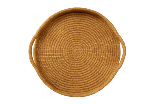 Woven grass serving tray with handles on transparent background