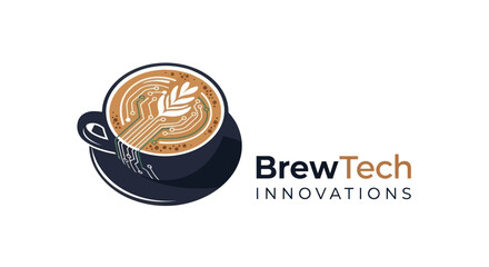 BrewTech Innovations Logo with Latte Art Coffee Cup.
