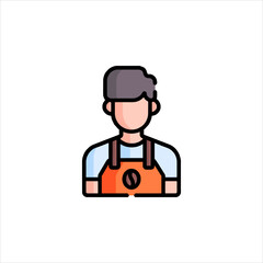 Barista stands wearing an orange apron with a coffee bean logo, ready to serve customers in a cozy cafe, creating a welcoming atmosphere.