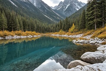 Pristine Turquoise Mountain Lake with Perfect Reflections in Alpine Wilderness