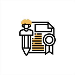 Person holding pencil beside certificate representing education and achievement in a minimalist style, conveying success and skill.