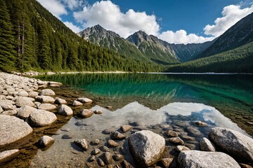 Pristine Turquoise Mountain Lake with Perfect Reflections in Alpine Wilderness