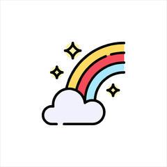 Colorful rainbow arches from fluffy cloud in bright sky, creating whimsical and cheerful atmosphere.