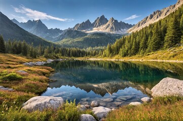 Pristine Turquoise Mountain Lake with Perfect Reflections in Alpine Wilderness