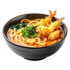 Japanese udon noodles in a black bowl, with tempura shrimp, seaweed, and scallions, clipart, isolated on a transparent background.