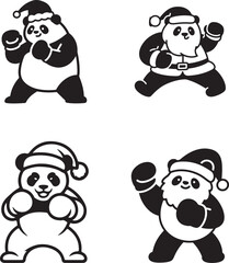 Collection of Festive and Athletic Santa Close with Panda Illustrations: Four Black and White Cartoon Designs Featuring Pandas Dressed as Santa and Reindeer, Posing with Boxing Gloves