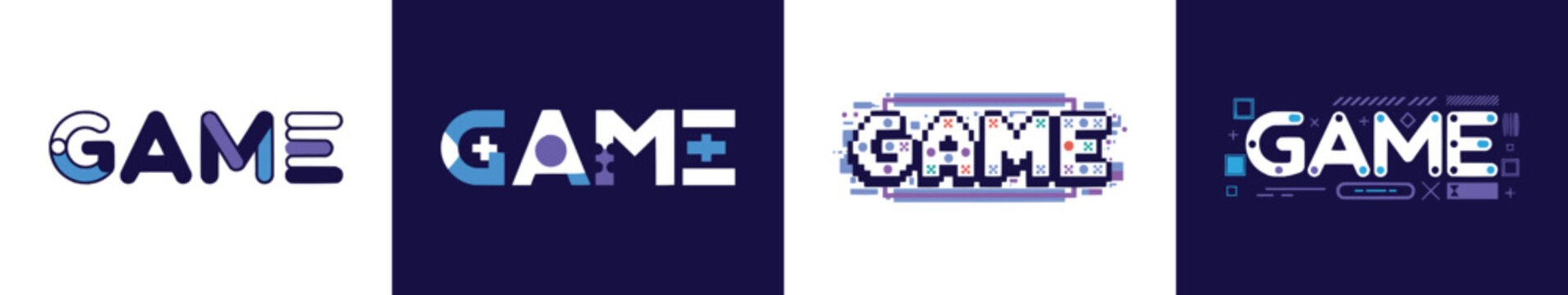 Modern typography game text logo set in blue and purple color, digital gaming wordmark collection for esports, technology, and app branding