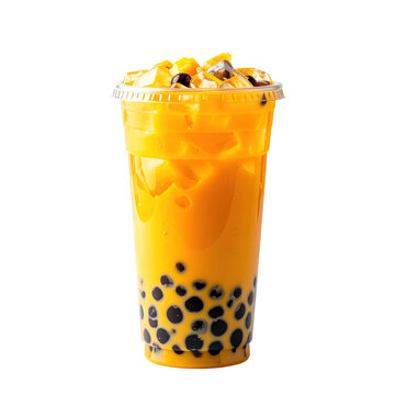 A tall, plastic cup overflowing with mango drink, boba pearls, and mango chunks, clipart, isolated on a transparent background.