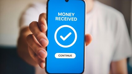 Smartphone screen displaying money received with a checkmark, indicating successful transaction