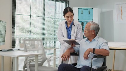 Asian female doctor using a digital tablet to explain health information to an elderly male patient, incorporating AI-assisted tools for better diagnosis, data analysis, and patient understanding. - Powered by Adobe