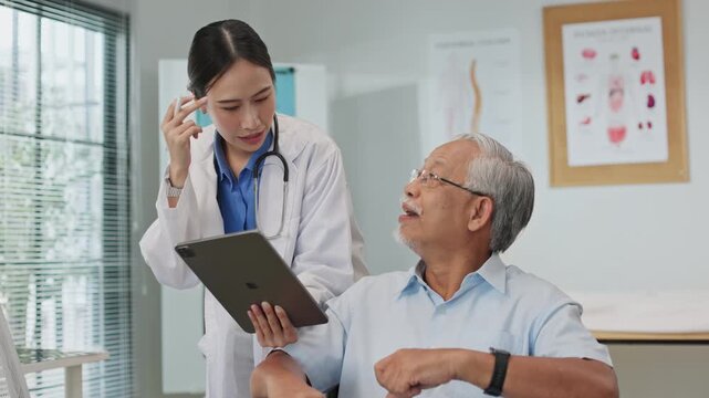 Asian female doctor using a digital tablet to explain health information to an elderly male patient, incorporating AI-assisted tools for better diagnosis, data analysis, and patient understanding.
