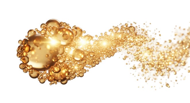 Golden Bubbles Stream Bursting with Light Luxury Abstract Gold Shine Particle Flow Glittering on transparent background