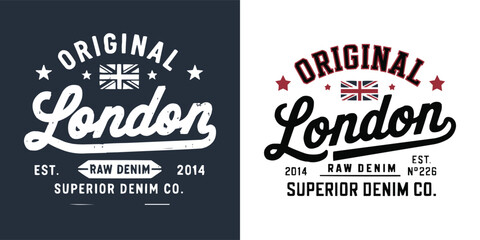Original London raw denim vintage logo set with Union Jack and retro typography for superior clothing brand design