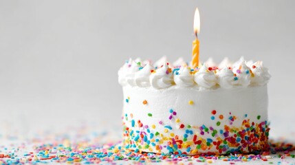 Colorful Birthday Cake with Candle and Sprinkles on White Background