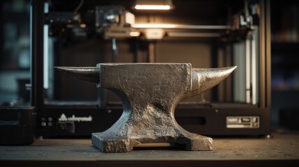 Anvil in Workshop with 3D Printer in Background for Creative Projects