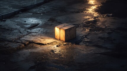 Illuminated Wooden Box on Wet Street at Night Amidst Darkness