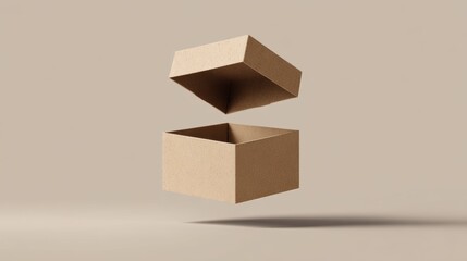 Brown Cardboard Box Floating Above Empty Surface Background