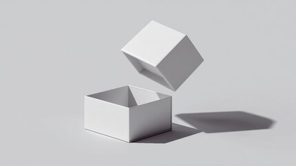 Minimalist White Box Floating Above Another Empty Box on Grey Background