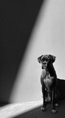 Black and White Portrait of Dog Sitting in Natural Light Shadow