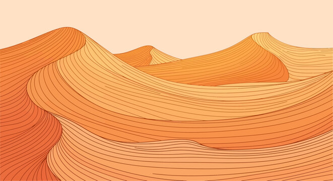 Stylized arid desert landscape with flowing dunes and soft warm color palette and cartoon touch