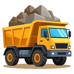Cartoon-style illustration of a yellow dump truck filled with a load of rocks