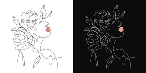 Minimalist one line woman face drawing with floral elements and pink lips on black and white background modern art illustration