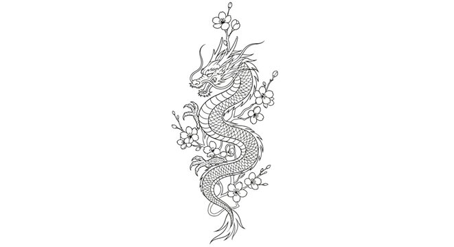 Detailed sketch illustration of a graceful dragon entwined with blooming cherry blossoms
