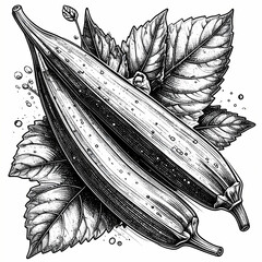Hand drawn engraving of okra with leaves in vintage scratch board style illustration.
