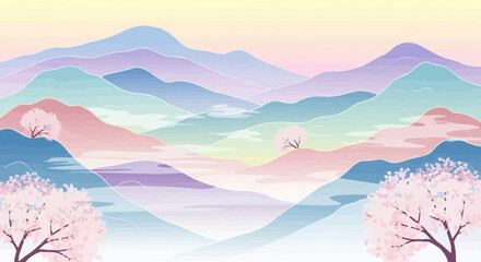 Dreamy pastel mountain landscape with cherry blossoms evoking peace and tranquility in soft hues
