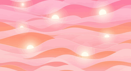 Dreamy pastel landscape with glowing orbs evokes serenity and ethereal beauty