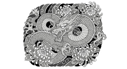 Monochrome Dragon and Chrysanthemum Tattoo Art: Timeless Japanese Inspiration Design