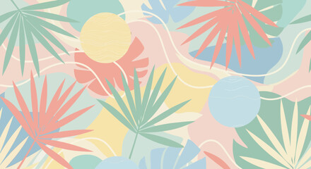Tropical pastel seamless pattern with stylized leaves and geometric elements artistic design