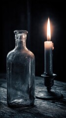 Glass Bottle and Illuminating Candle on Rustic Wooden Table