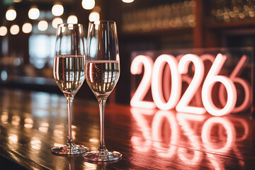 Elegant champagne flutes toast 2026 with celebratory cheer, perfect for New Year's events, milestone celebrations, and festive occasions