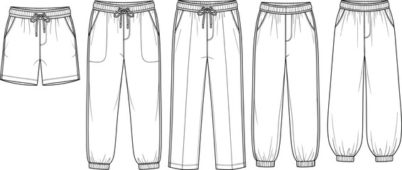 Casual pants and shorts collection in black line style with elastic waistband, drawstring, jogger cuffs, fashion garment illustration